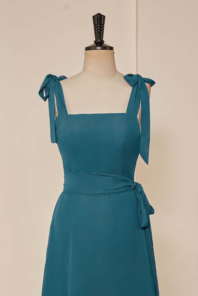 Teal Bow Tie Straps Ruffled A-line Long Bridesmaid Dress with Sash