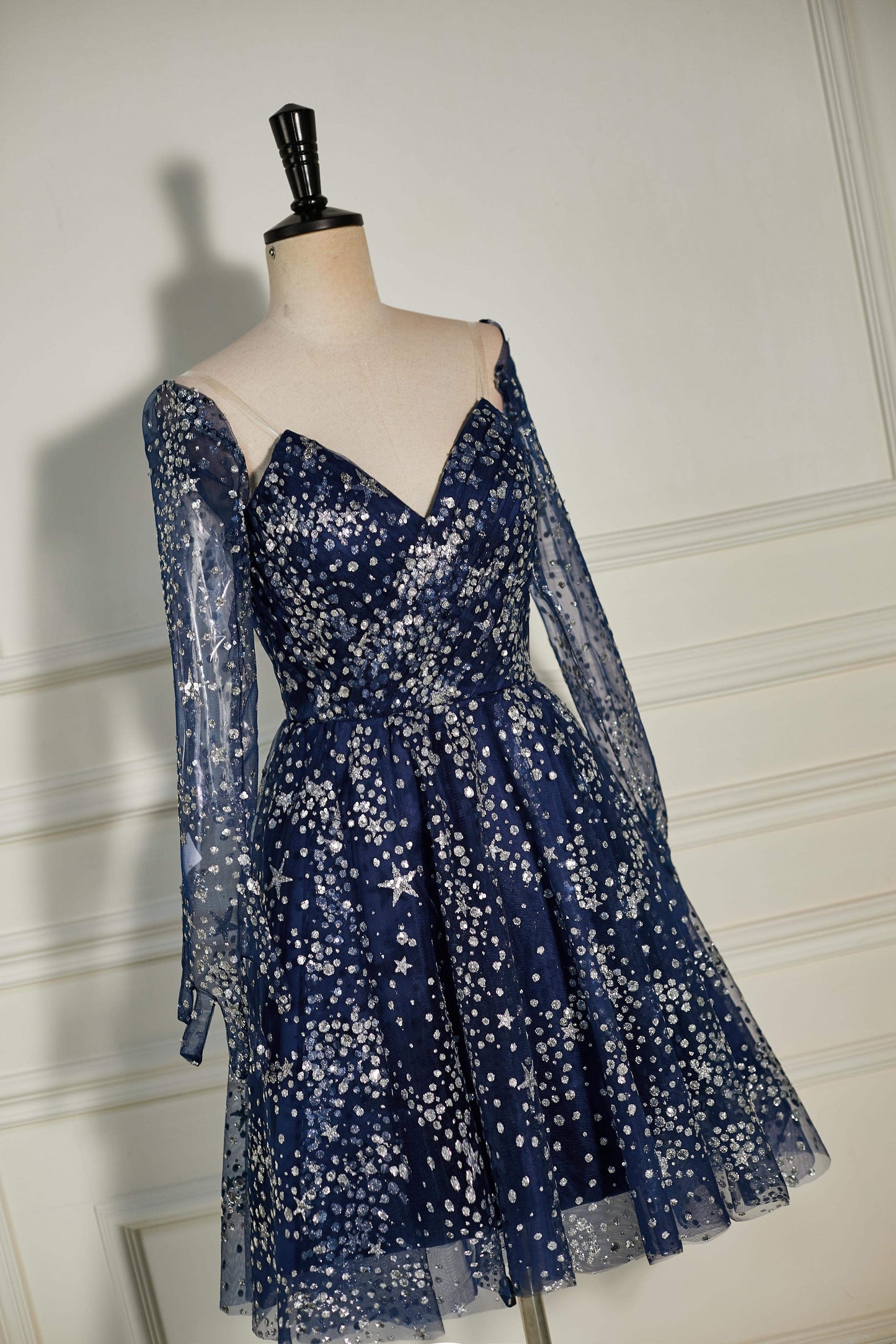 Dark Navy Sequined Long Sleeves A-line Homecoming Dress