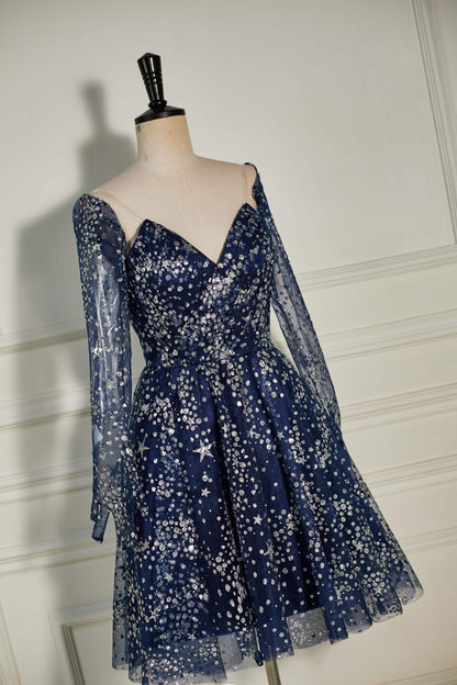 Dark Navy Sequined Long Sleeves A-line Homecoming Dress