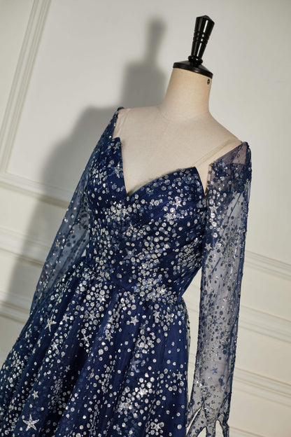 Dark Navy Sequined Long Sleeves A-line Homecoming Dress