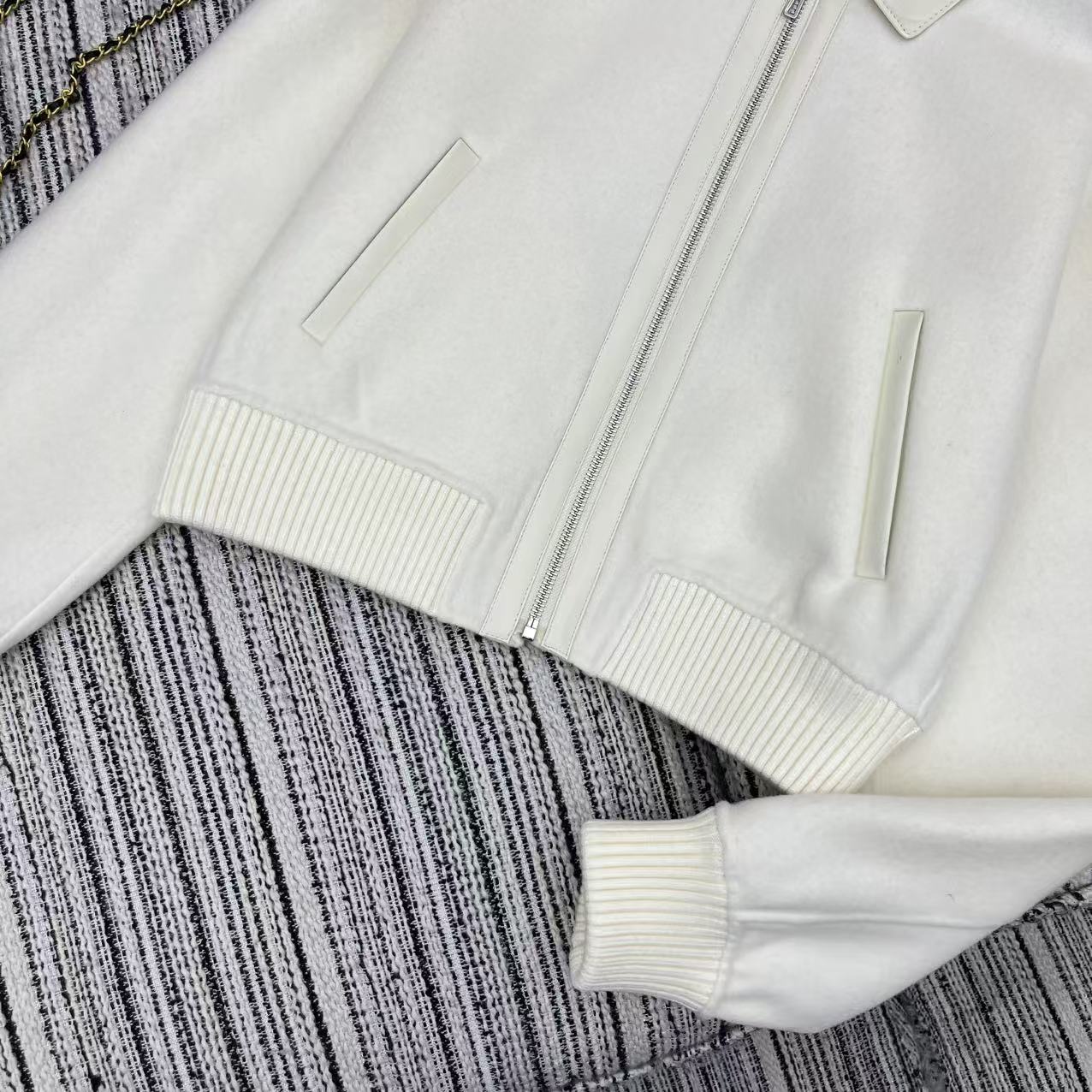 HM Patchwork Leather Lapel Double-faced White Cashmere Jacket