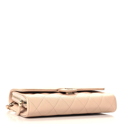 Caviar Quilted Phone Holder Wallet on Removable Chain Light Beige