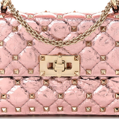 Metallic Wrinkled Lambskin Small Rockstud Spike Shoulder Bag Lipstick
