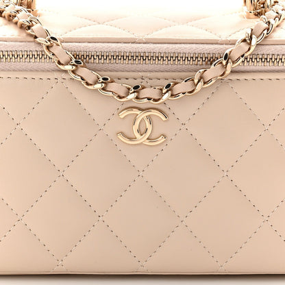 Lambskin Quilted Small Top Handle Vanity Case With Chain Ecru Dark Beige
