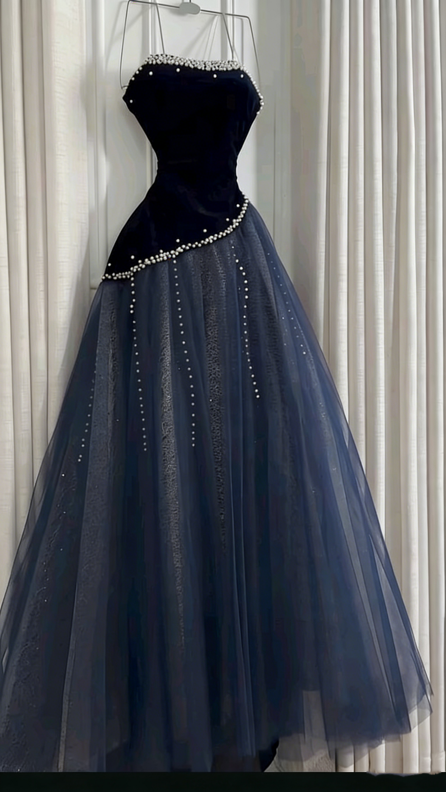 Elegant Strapless Royal Blue Velvet Tulle Beaded Long Party Dress Formal Birthday Prom Gowns SP2048
