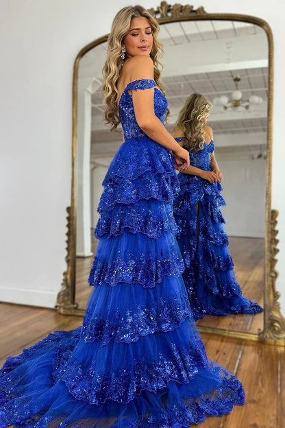 A-Line Off-Shoulder Empire With Side Slit Lace Prom Dress