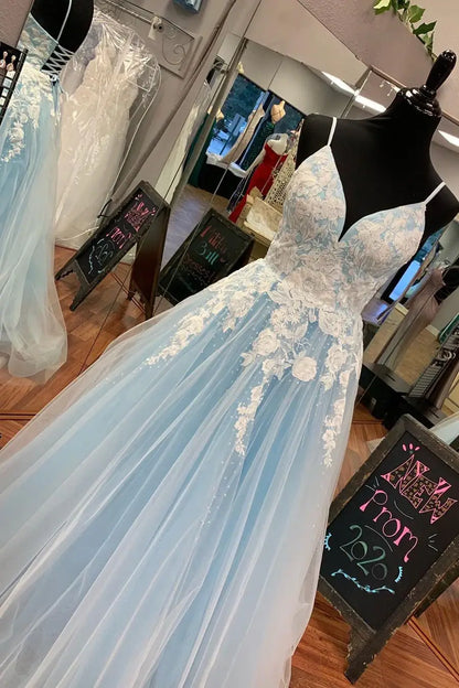 A-Line Spaghetti Straps Floral Appliques Prom Party Dress
