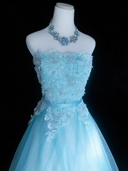 Sweet Strapless Ice Blue Tulle Appliques Beaded Long Birthday Prom Dress Evening Dress SP1848