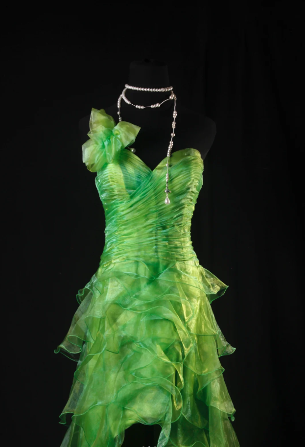 Unique Green One Shoulder Organza Layered Ruffles Long Evening Dress Birthday Dress SP1695