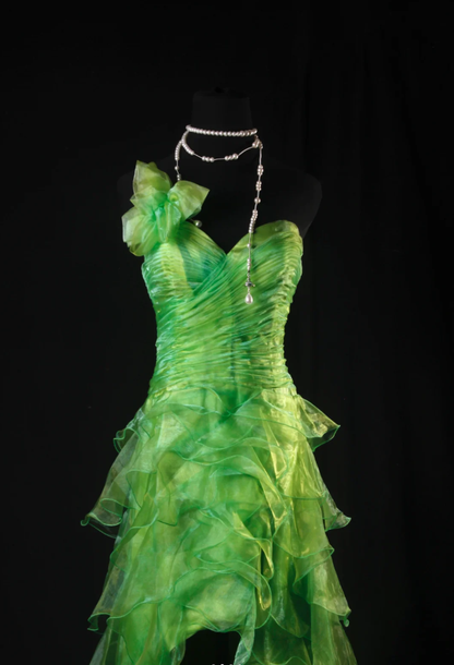 Unique Green One Shoulder Organza Layered Ruffles Long Evening Dress Birthday Dress SP1695