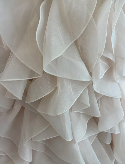 Pretty Strapless Light Pink Apricot Lace Appliques Tulle Ruffles Mermaid Long Party Dress Formal Wedding Guest Dress SP1449