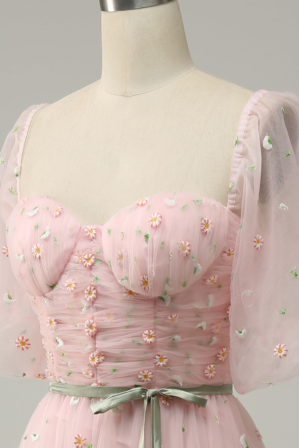 Pink Illusion Puff Sleeves Embroideries A-line Long Prom Dress with Sash