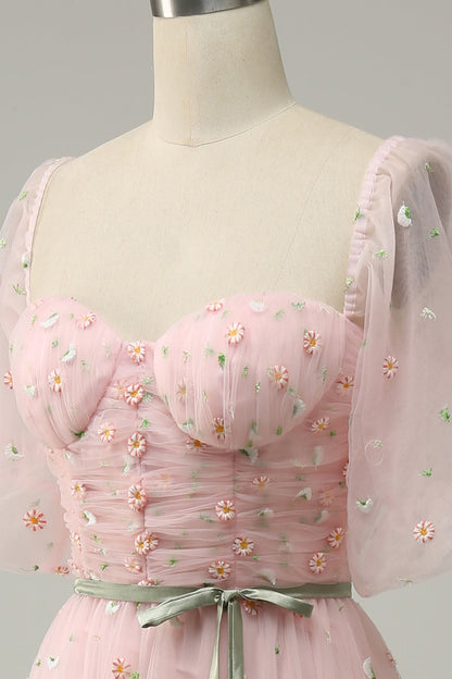 Pink Illusion Puff Sleeves Embroideries A-line Long Prom Dress with Sash