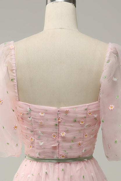 Pink Illusion Puff Sleeves Embroideries A-line Long Prom Dress with Sash