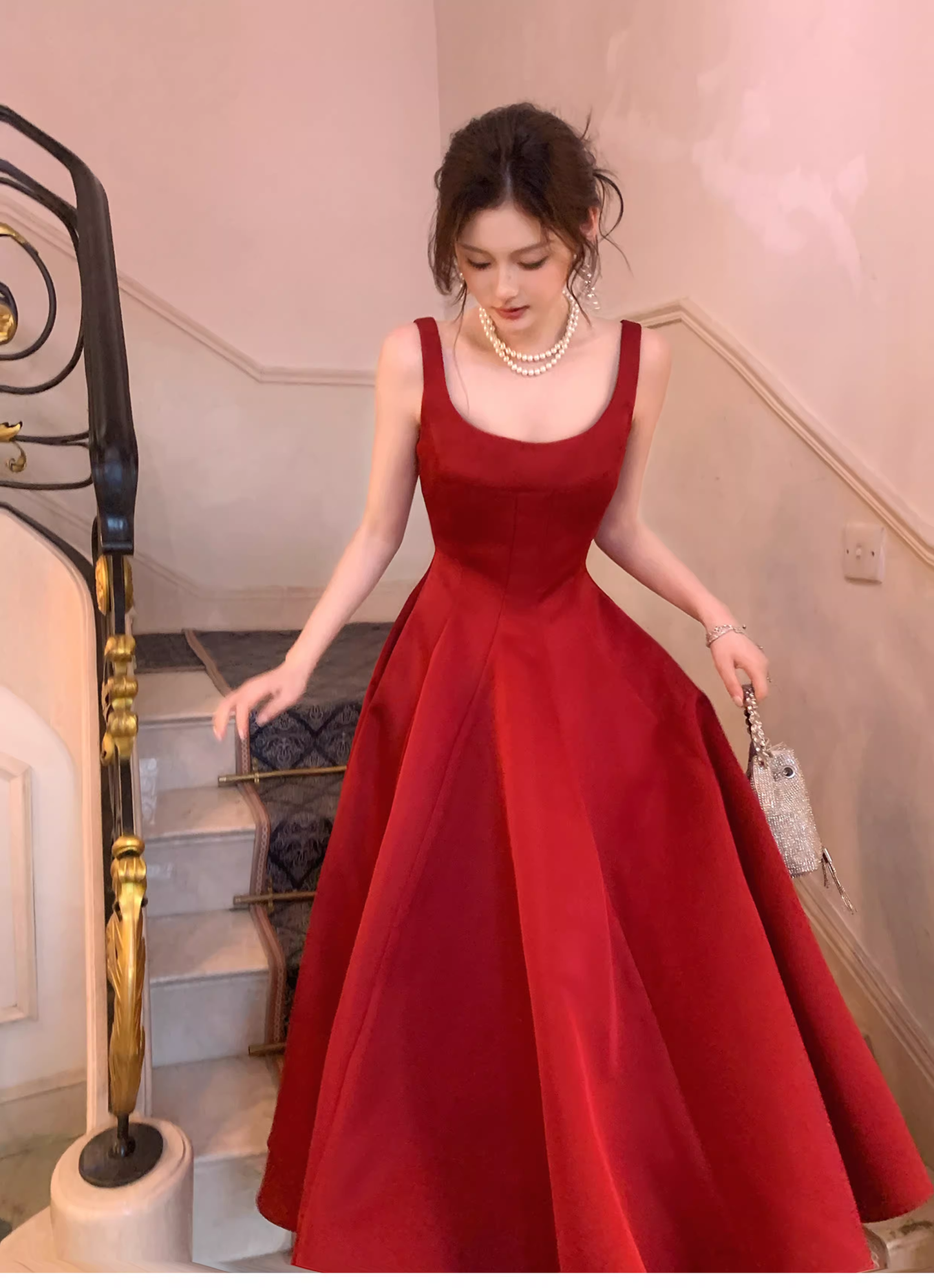 Fashion Spaghetti Strap Red Satin A Line Long Evening Dress Formal Birthday Prom Dresses SP1653
