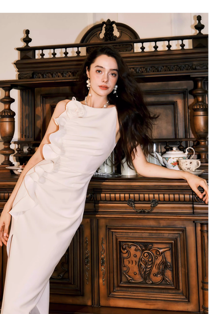 Elegant White Sleeveless Satin Pleated Ruffle slit Long Wedding Guest Dress Formal Birthday Party Dress SP2002