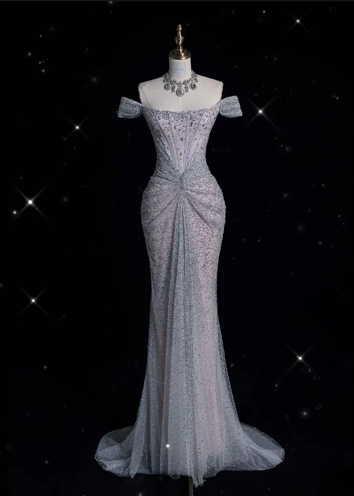 Glitter Gray Off The Shoulder Tulle Sequin Beaded Mermaid Long Evening Dress Party Gown SP1555