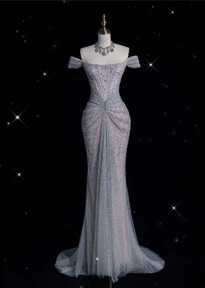 Glitter Gray Off The Shoulder Tulle Sequin Beaded Mermaid Long Evening Dress Party Gown SP1555