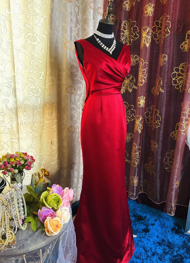 Classy Burgundy V Neck Satin Pleated Mermaid Party Dress Backless Long Birthday Prom Dress SP1949