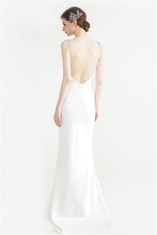 Bateau Sleeveless Backless Mermaid White Long Satin Evening Dress
