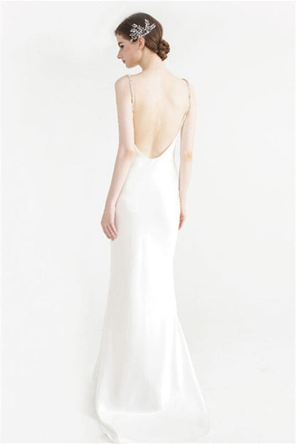 Bateau Sleeveless Backless Mermaid White Long Satin Evening Dress