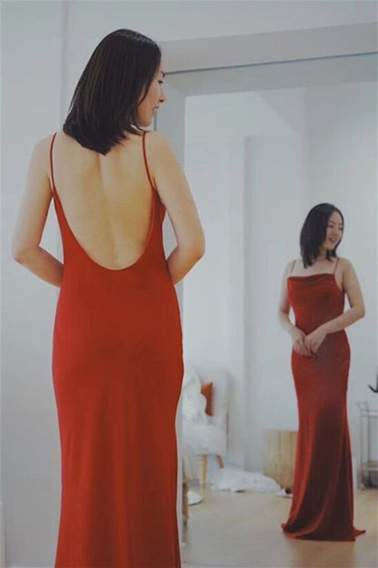 Red Spaghetti Straps Open Back Satin Party Prom Dress