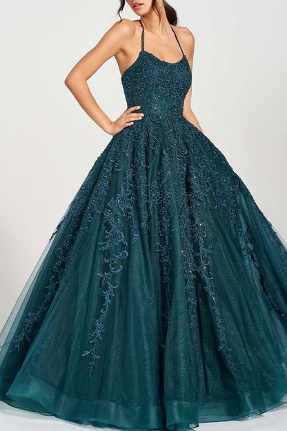 Bateau Sleeveless Tulle Lace Long Prom Party Dress With Pockets