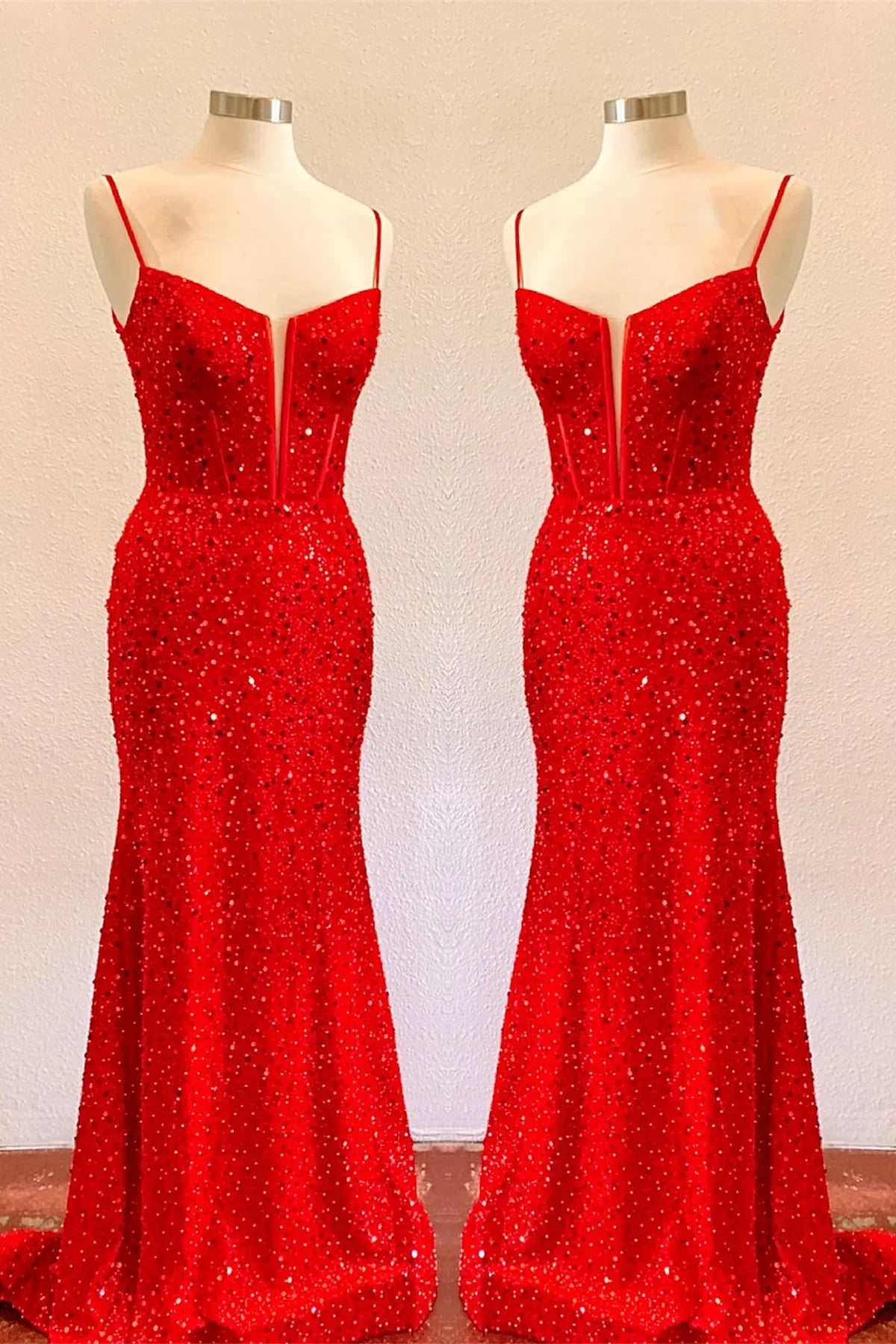 Bateau Spaghetti Straps Empire Sequins Mermaid Prom Dress