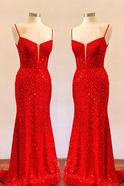 Bateau Spaghetti Straps Empire Sequins Mermaid Prom Dress