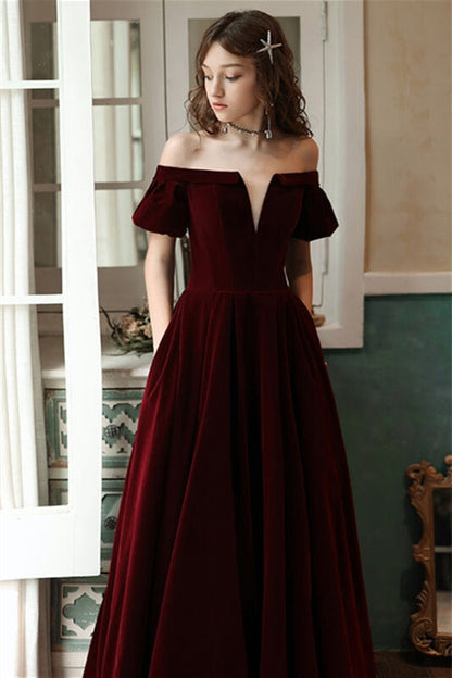 Bell Off-Shoulder Empire A-Line Velvet Party Prom Dress