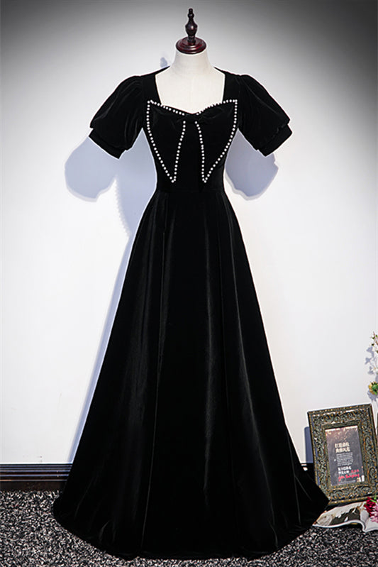 Short Sleeves Empire Velvet A-Line Prom Party Dress With Bow