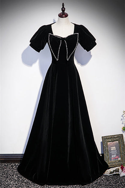 Short Sleeves Empire Velvet A-Line Prom Party Dress With Bow