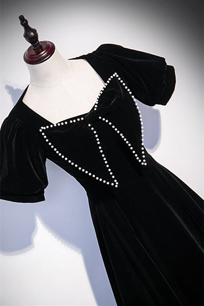 Short Sleeves Empire Velvet A-Line Prom Party Dress With Bow