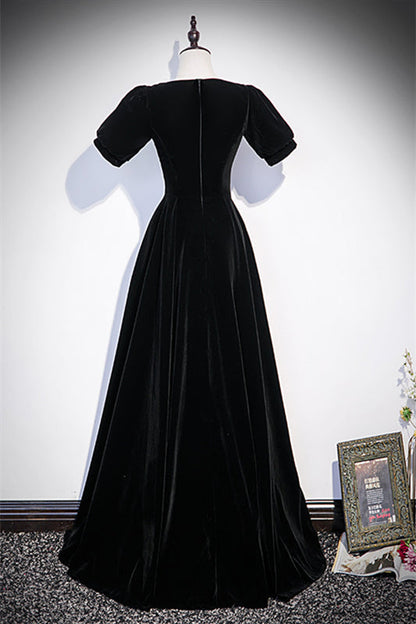 Short Sleeves Empire Velvet A-Line Prom Party Dress With Bow