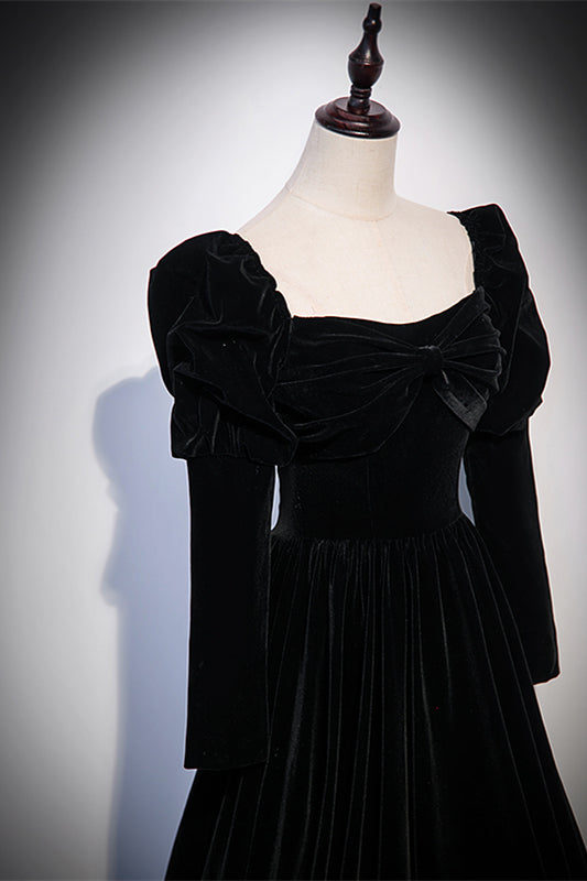 Long Sleeves A-Line Square Velvet Black Prom Dress