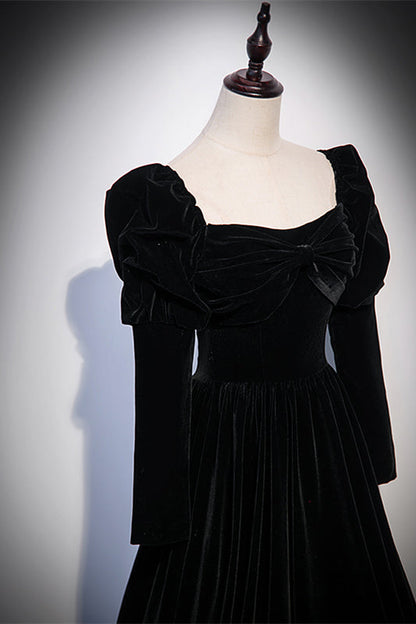 Long Sleeves A-Line Square Velvet Black Prom Dress