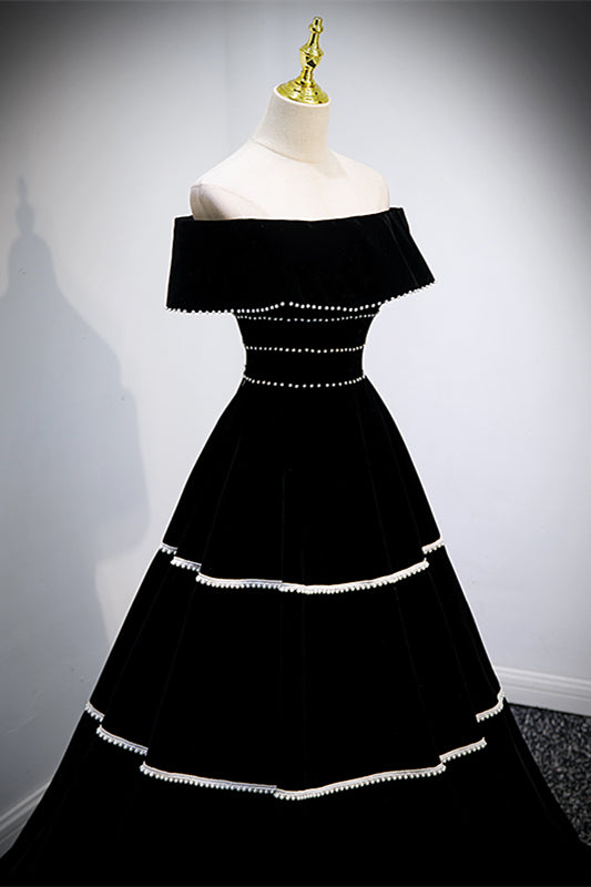 Black Off-Shoulder Empire A-Line Velvet Prom Party Dress