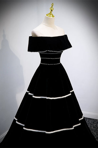 Black Off-Shoulder Empire A-Line Velvet Prom Party Dress