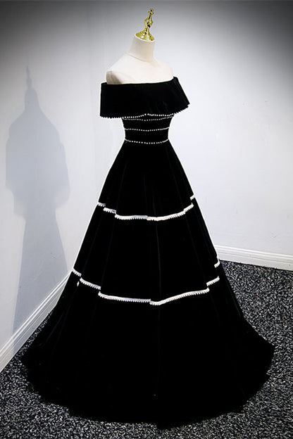 Black Off-Shoulder Empire A-Line Velvet Prom Party Dress