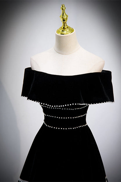 Black Off-Shoulder Empire A-Line Velvet Prom Party Dress
