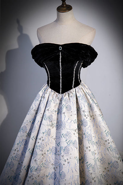 Off-Shoulder A-Line Floral And Pearls Party Prom Dress