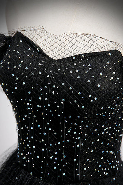 Sparkly Tulle A-Line Off-Shoulder Black Prom Party Dress