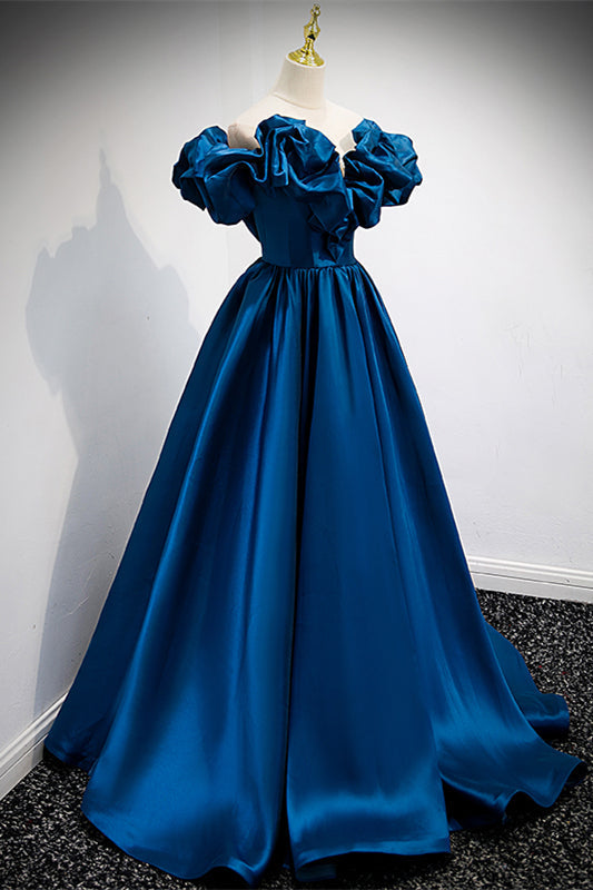 Satin A-Line Ruffle Off-Shoulder Empire Party Prom Dress