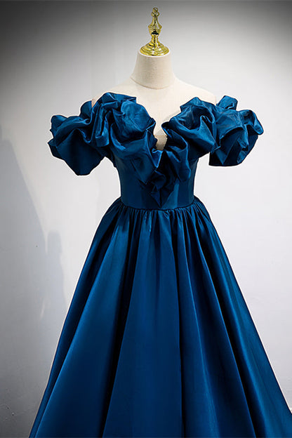 Satin A-Line Ruffle Off-Shoulder Empire Party Prom Dress