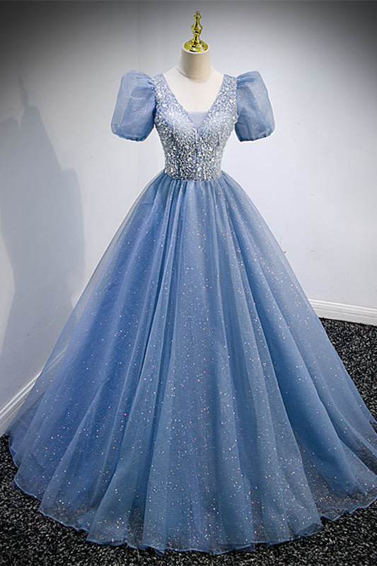 V-Neck Short Sleeves Tulle A-Line Beaded Sparkly Prom Dress