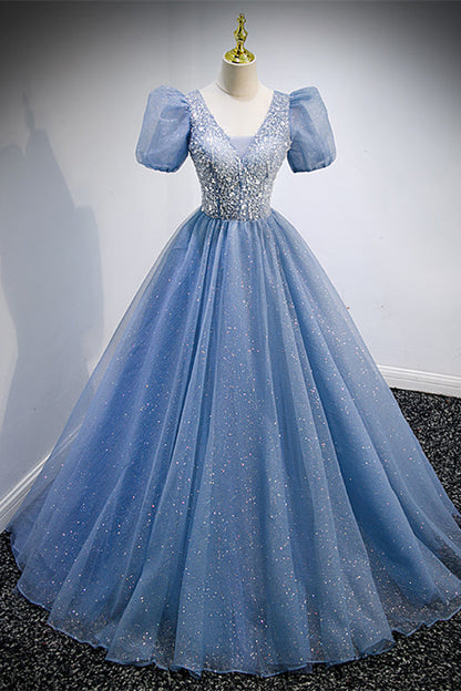 V-Neck Short Sleeves Tulle A-Line Beaded Sparkly Prom Dress
