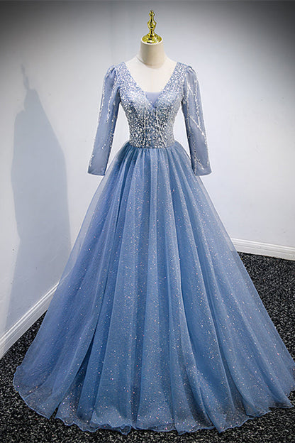 Sparkly Tulle A-Line 3/4 Sleeves Empire Long Party Prom Dress