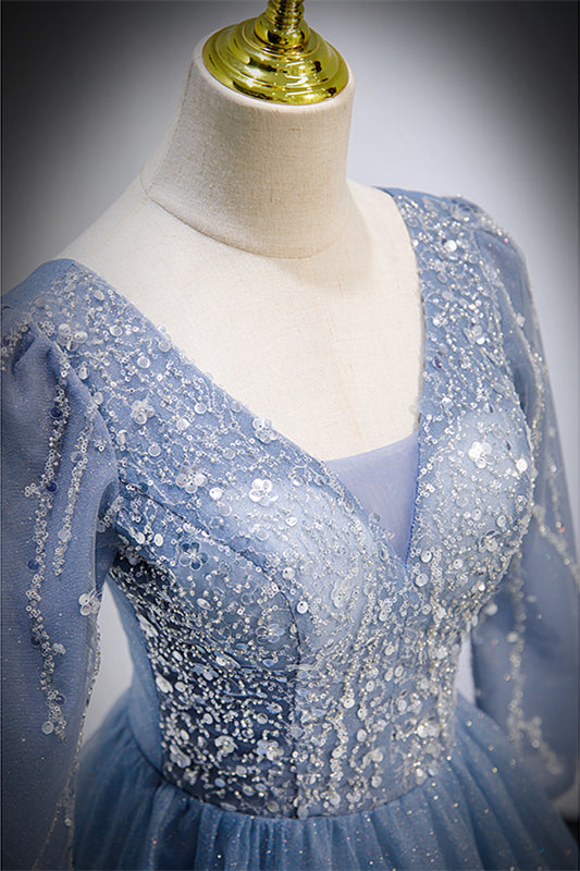 Sparkly Tulle A-Line 3/4 Sleeves Empire Long Party Prom Dress