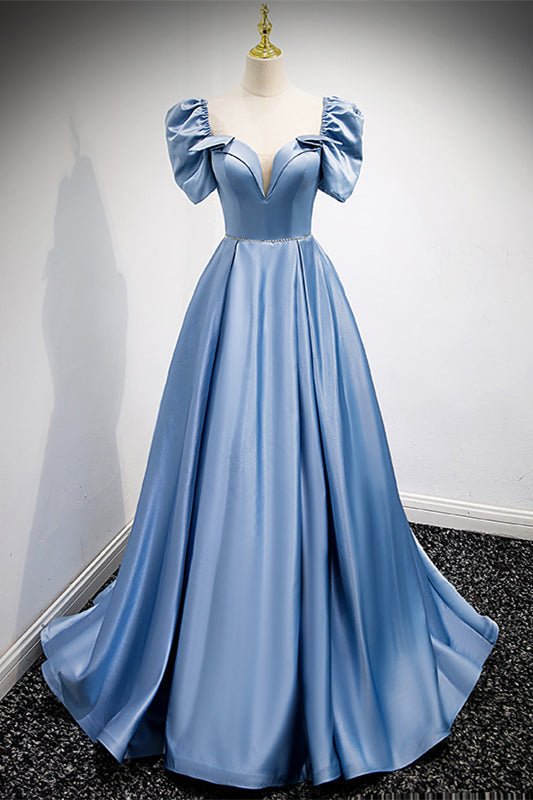 Short Sleeves Open Back Satin A-Line Party Prom Dress