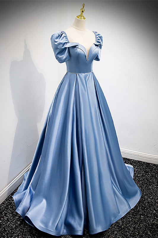 Short Sleeves Open Back Satin A-Line Party Prom Dress